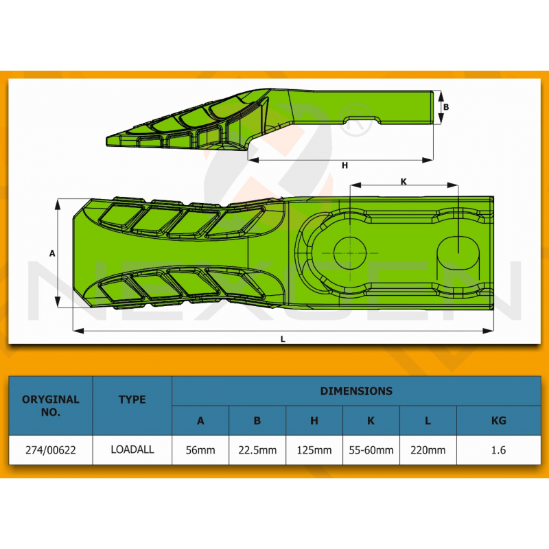 Односторонний центральный зуб, подходящий для погрузчиков JCB.