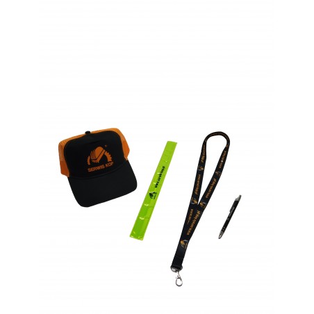 A set of gadgets - cap, a lanyard, a reflective band and a pen.