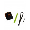 A set of gadgets - cap, a lanyard, a reflective band and a pen.