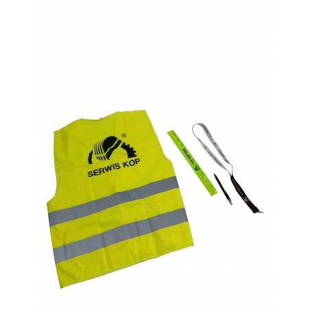 A set of gadgets - reflective vest, a lanyard, a reflective band and a pen.