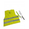 A set of gadgets - reflective vest, a lanyard, a reflective band and a pen.