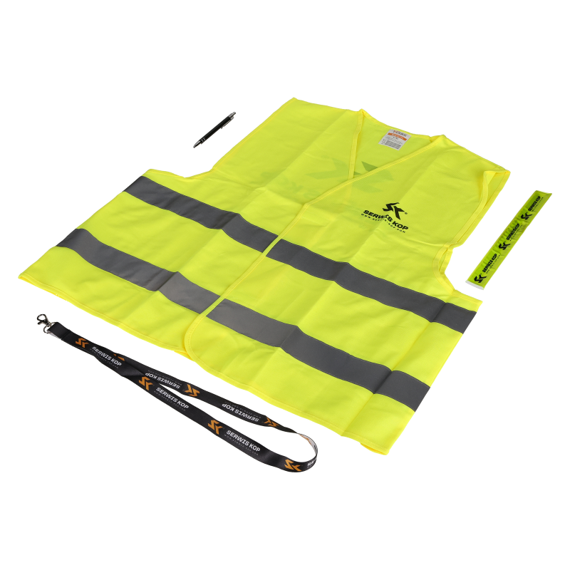 A set of gadgets - reflective vest, a lanyard, a reflective band and a pen.